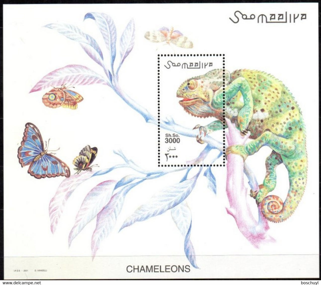 Somalia, 2001, Kameleon, Reptile, Animals, Fauna, Butterflies, MNH, Michel Block 78 - Somalie (1960-...)