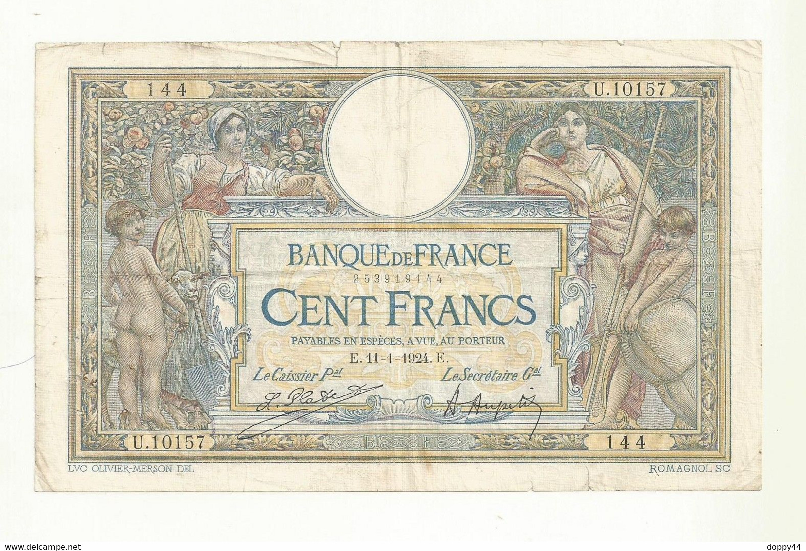 BILLET 100 FRANCS TYPE LUC OLIVIER MERSON  11/01/1924 AVEC TROUS EPINGLES+ COUPURES  SUR LES COTES ET PLIURES - 100 F 1908-1939 ''Luc Olivier Merson''