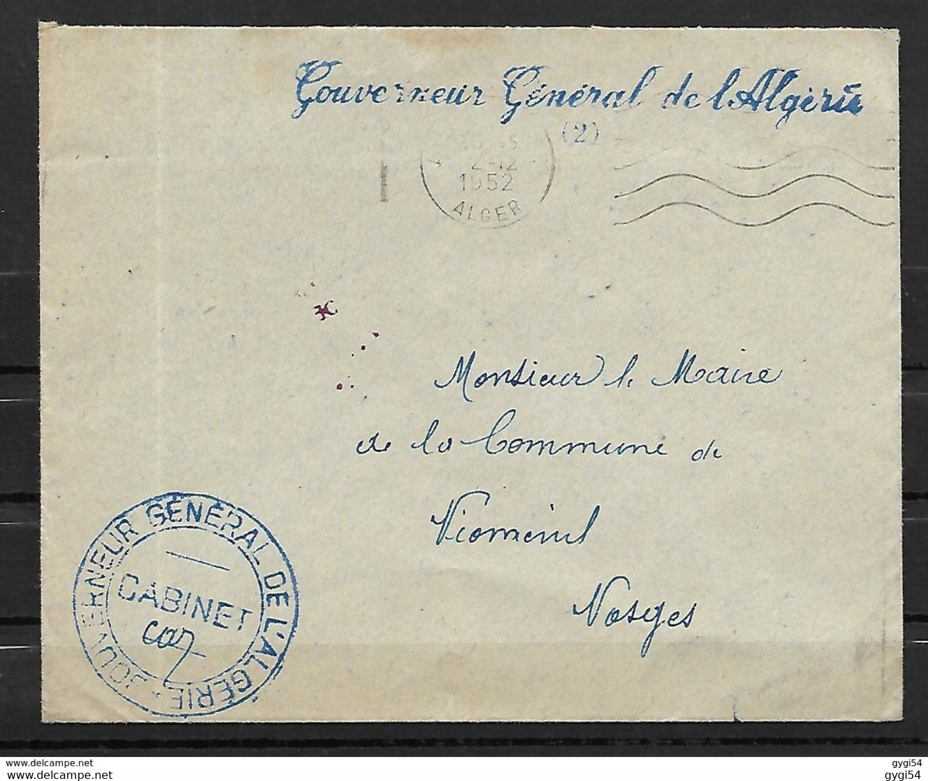 Algérie  Lettre  Du  02 Décembre 1952  D' Alger (   Bureau Du Gouverneur Général De L' Algérie  )   Pour  Viomenil (88 ) - Autres & Non Classés