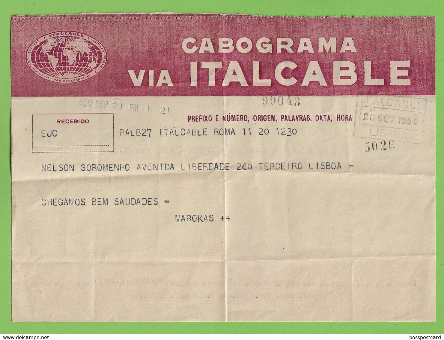 História Postal - Filatelia - Cabograma Via Italcable - Radio Telegrafic - Cablegram - Philately - Roma Italia Portugal - Covers & Documents