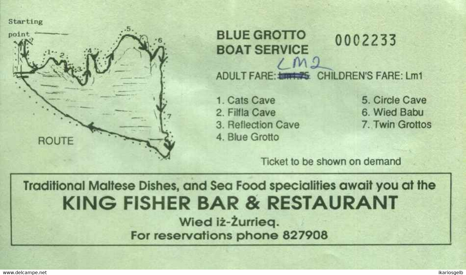 MALTA 1999 Blue Grotto Boat Service Schiff - Ship -- Fahrschein Boleto Biglietto Ticket Billet - Europa