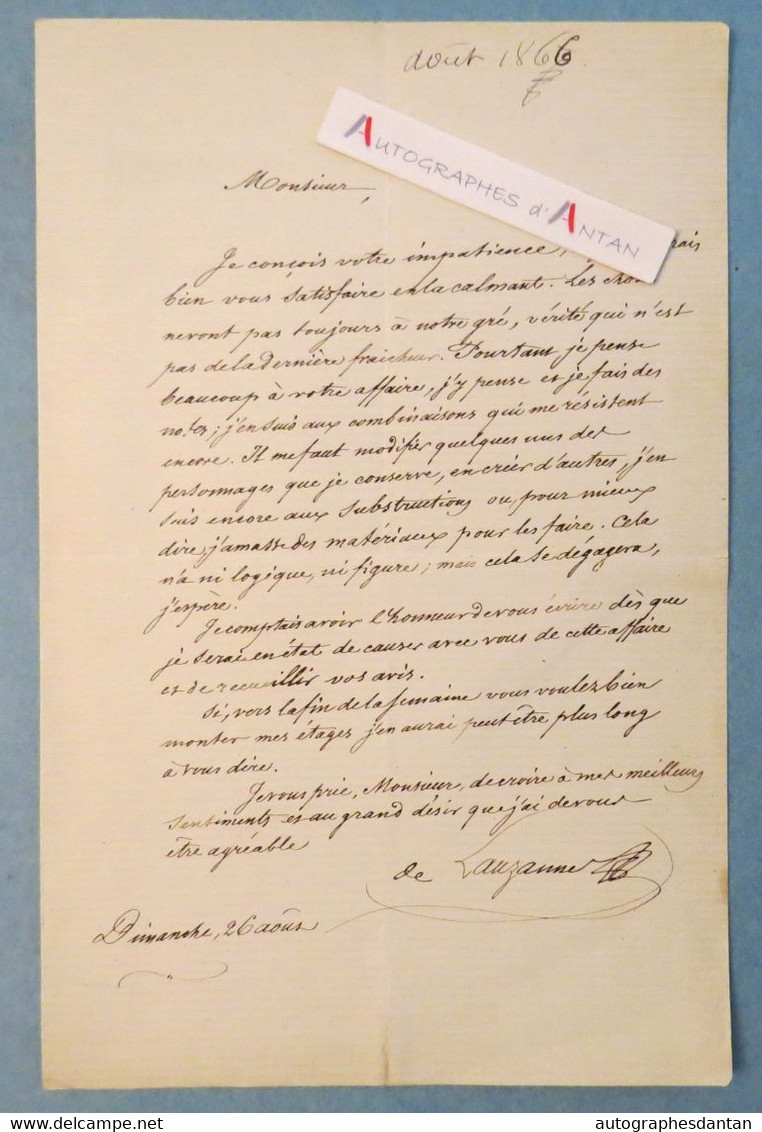 L.A.S 1866 Augustin Théodore De LAUZANNE écrivain Né à Evry-les-Châteaux - Cachet Debauve - Lettre Autographe - Schriftsteller
