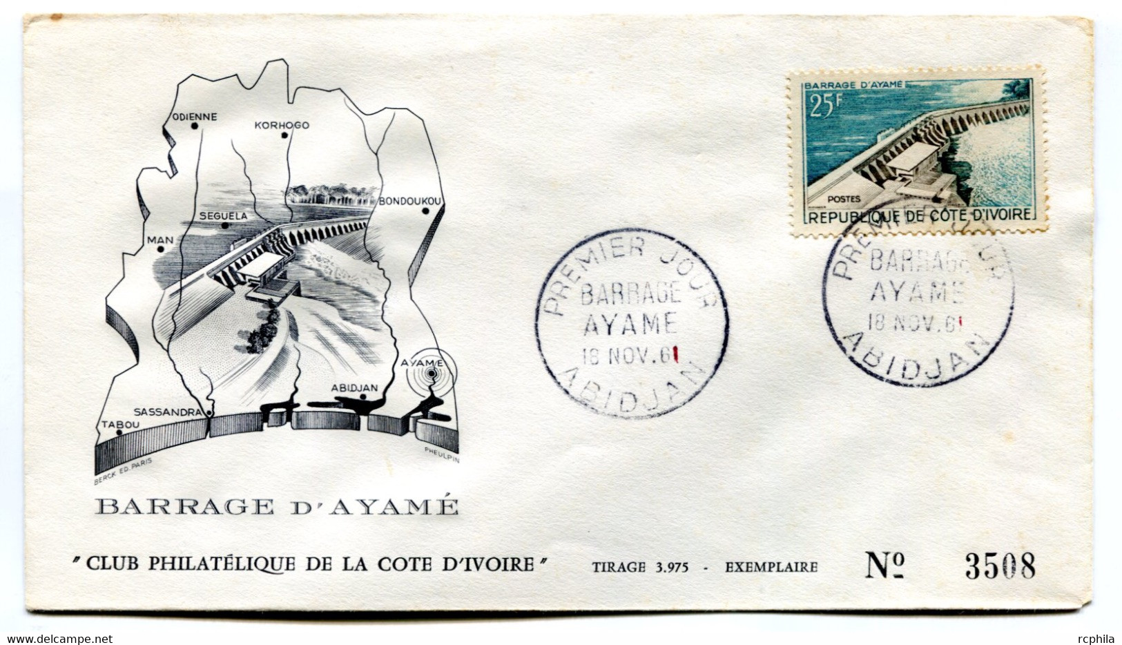 RC 19040 COTE D'IVOIRE N° 200 BARRAGE D' AYAMÉ 1961 FDC 1er JOUR - TB - Côte D'Ivoire (1960-...)