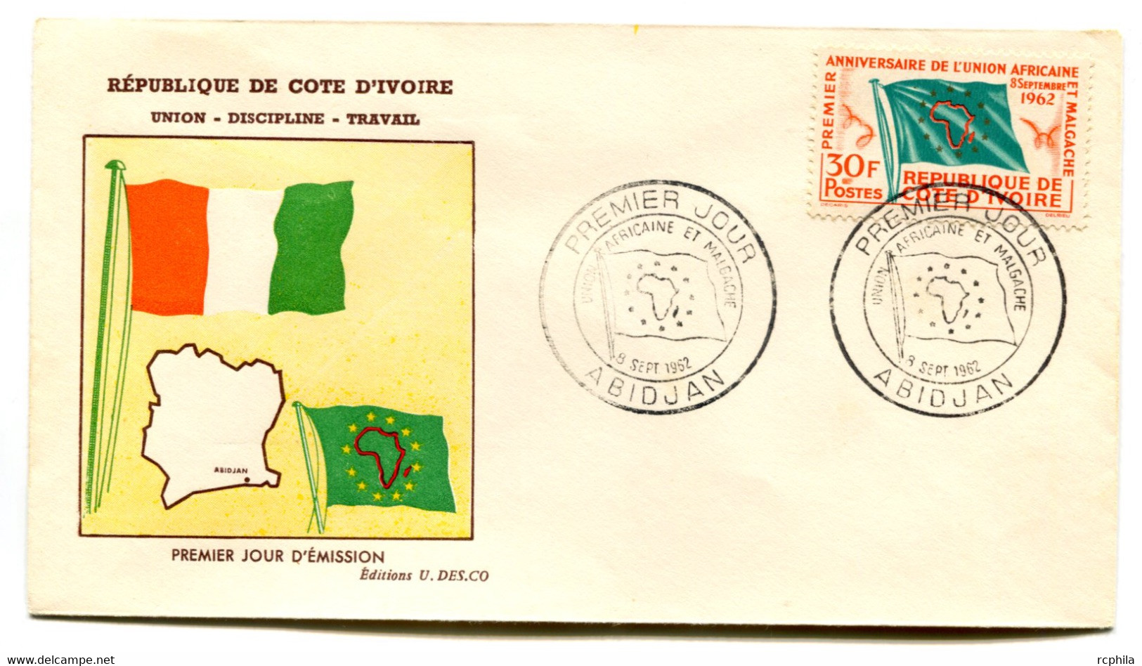 RC 19043 COTE D'IVOIRE N° 207 UNION AFRICAINE 1962 FDC 1er JOUR - TB - Côte D'Ivoire (1960-...)