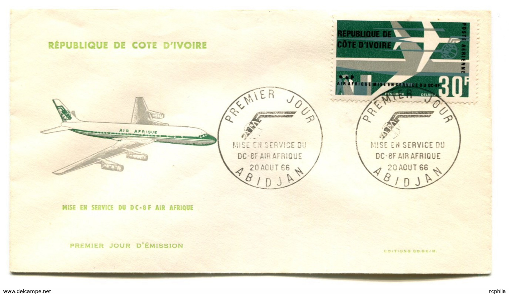 RC 19061 COTE D'IVOIRE PA N° 36 MISE EN SERVICE DU DC-8F AIR AFRIQUE 1966 FDC 1er JOUR - TB - Ivory Coast (1960-...)