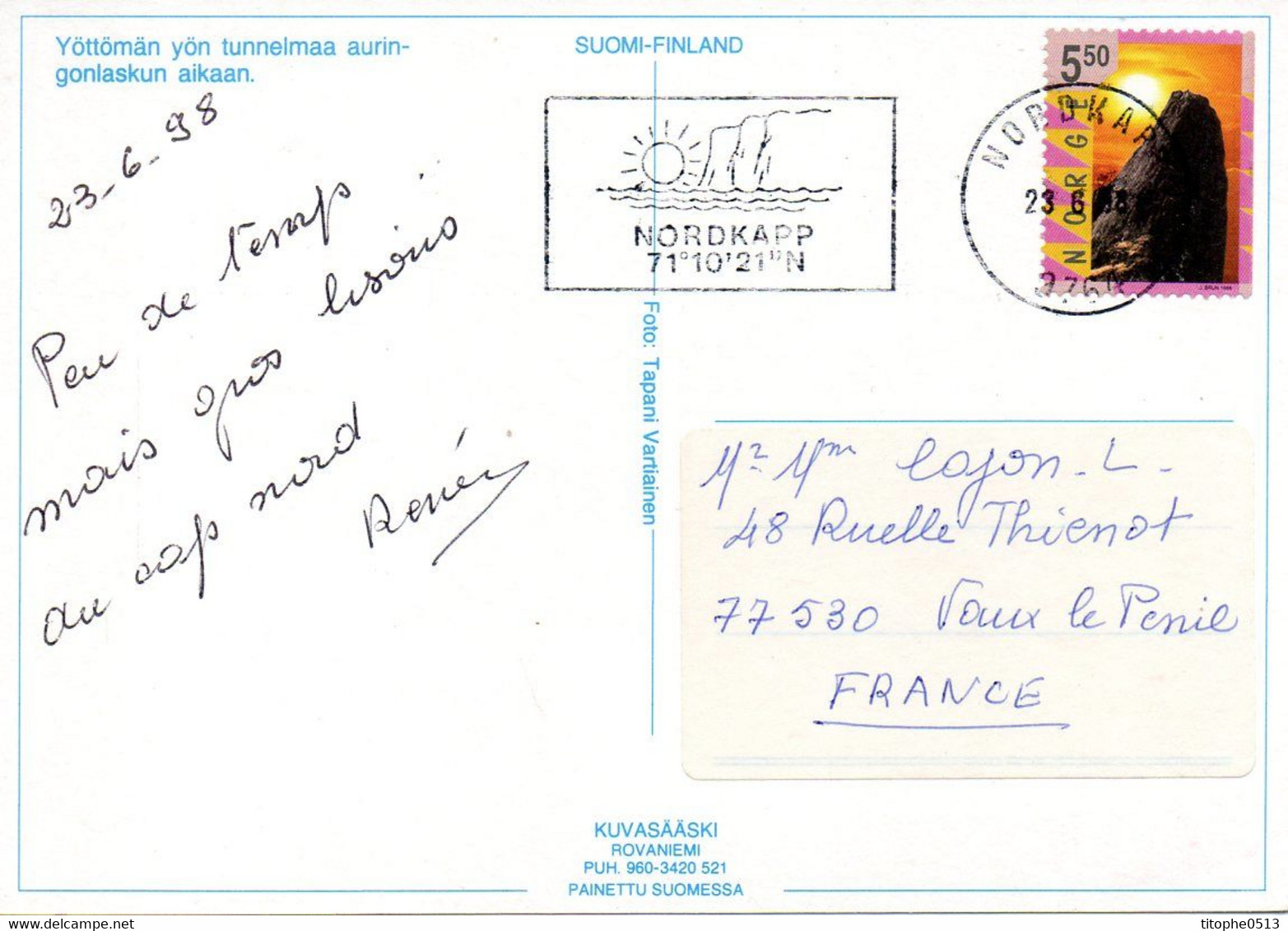 NORVEGE. Carte Postale Ayant Circulé En 1998. Flamme Du Cap Nord. - Autres & Non Classés