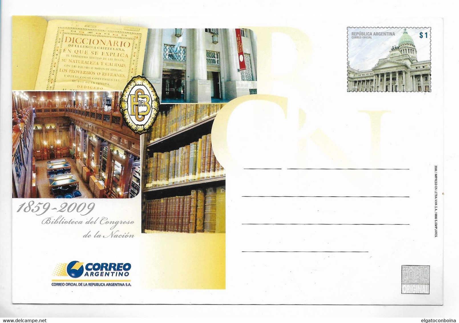 ARGENTINA 2009 NATIONAL LIBRARY OF THE CONGRESS BOOKS POSTCARD POSTAL STATIONERY NEW UNUSED - Neufs
