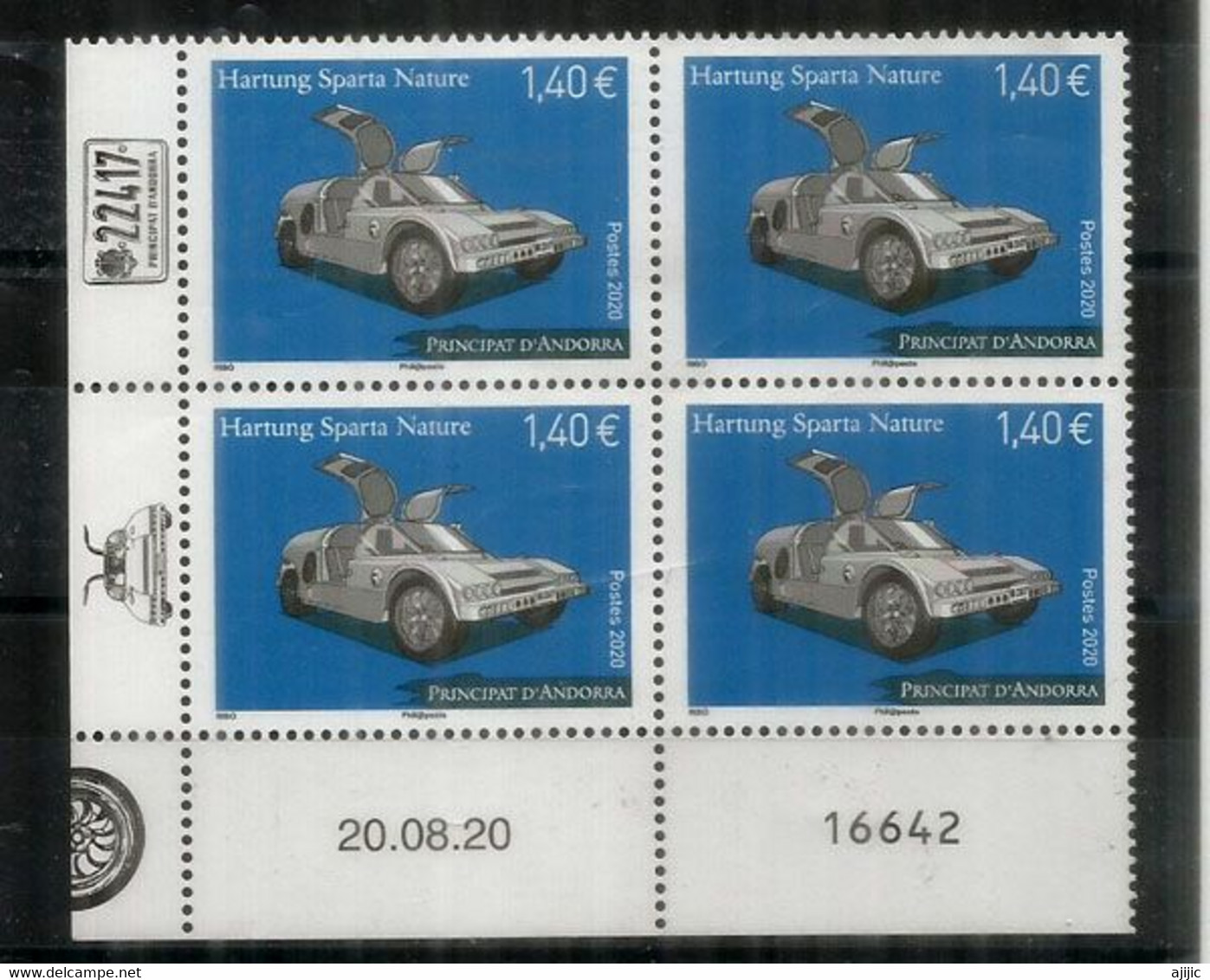 Voiture Hartung Sparta Nature (la Seule Voiture "Made In Andorra") Puissance 1360 Cv. Année 2020. Bloc De 4 Neufs ** - Unused Stamps