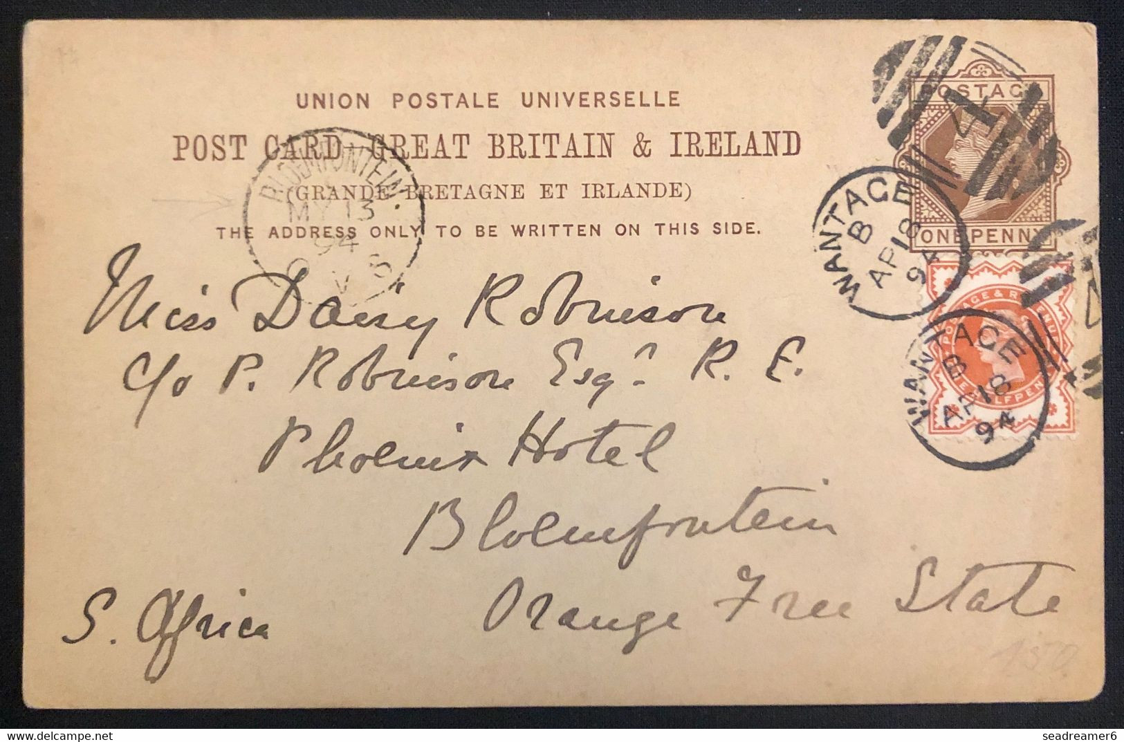 Carte Postale Entier Angleterre 1 Penny + N° Obl De Wantage 1894 Pour Bloemfontein Dans L'état D'Orange Libre - Stato Libero Dell'Orange (1868-1909)