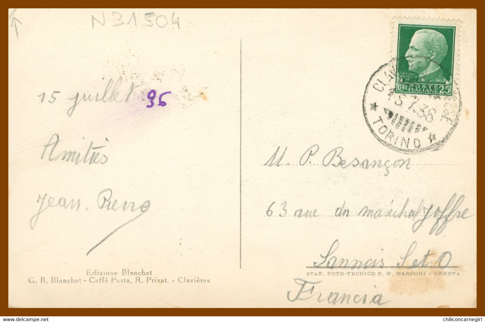 CLAVIERES - Albergo Savoia - Edit. BLANCHET Caffé Posta R. Privat. - Foto MARCONI - 1936 - Bares, Hoteles Y Restaurantes