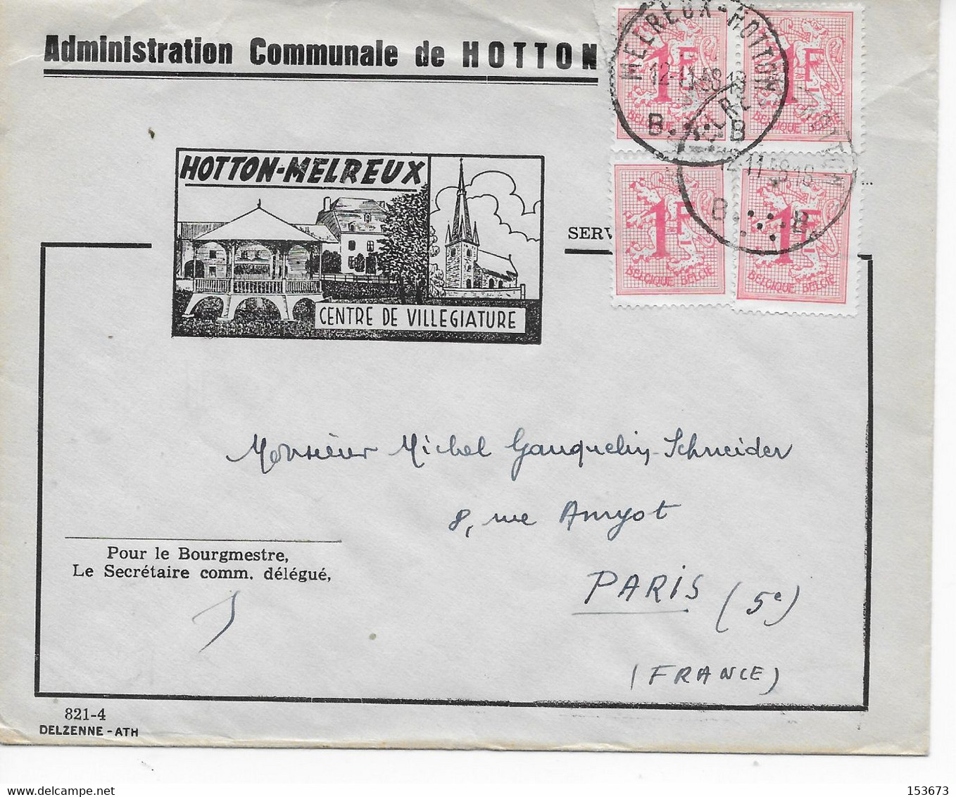 Lettre Illustrée HOTTON MELREUX 1958 Pour Paris  Affranchissement 4 Lion Héraldique Rose 1 Franc - Sport & Turismo