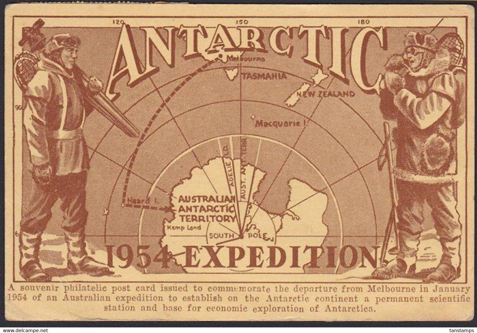 AUSTRALIA - NZ AAT 1954 EXPEDITION EXPLORER MAP POSTCARD 4 CINDERELLAS - Cinderellas