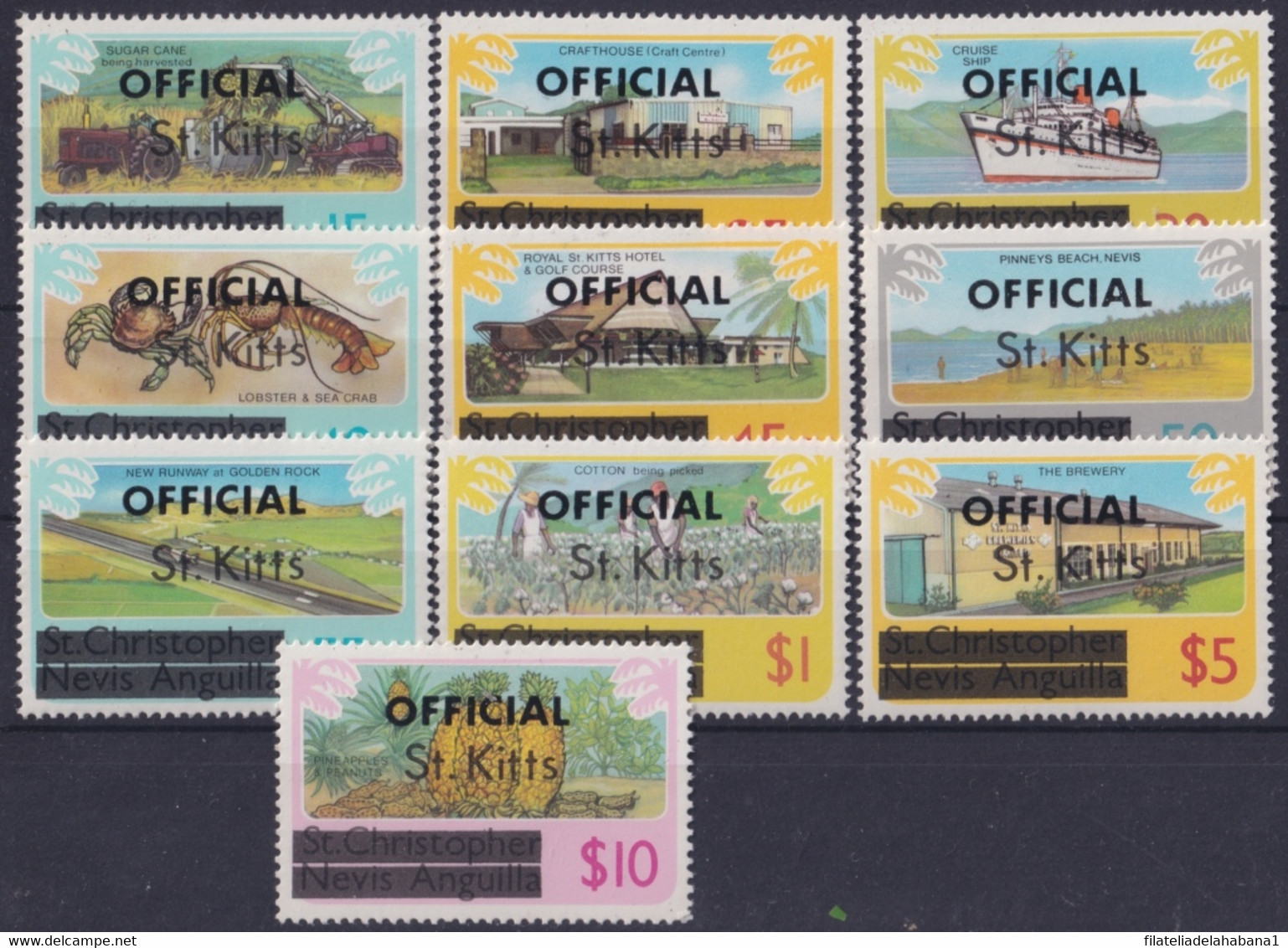 F-EX20136 ST KITS MNH 1980 DEFINITIVE SET OVERPRINT OFFICIAL PINNEAPLE SHIP COTTON LOBSTER. - Agriculture