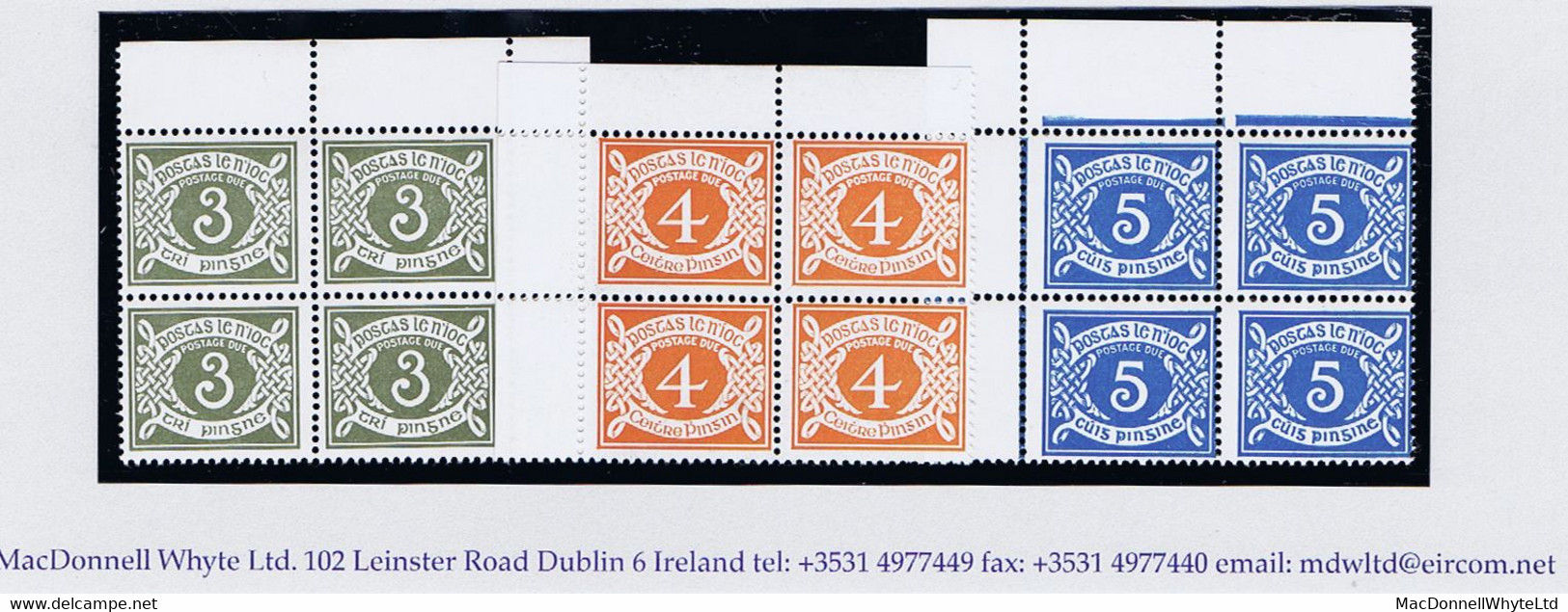 Ireland 1978 Unwatermarked Chalky Paper 3p, 4p, 5p, Set Of 3 In Corner Blocks Of 4 Mint Unmounted - Segnatasse