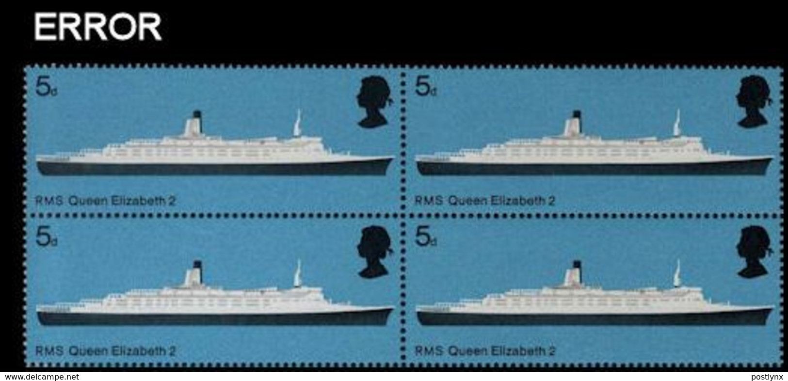 Great Britain 1969 Ship 5d 4-BLOCK ERROR:no Red RMS Queen Elizabeth 2 - Variétés, Erreurs & Curiosités