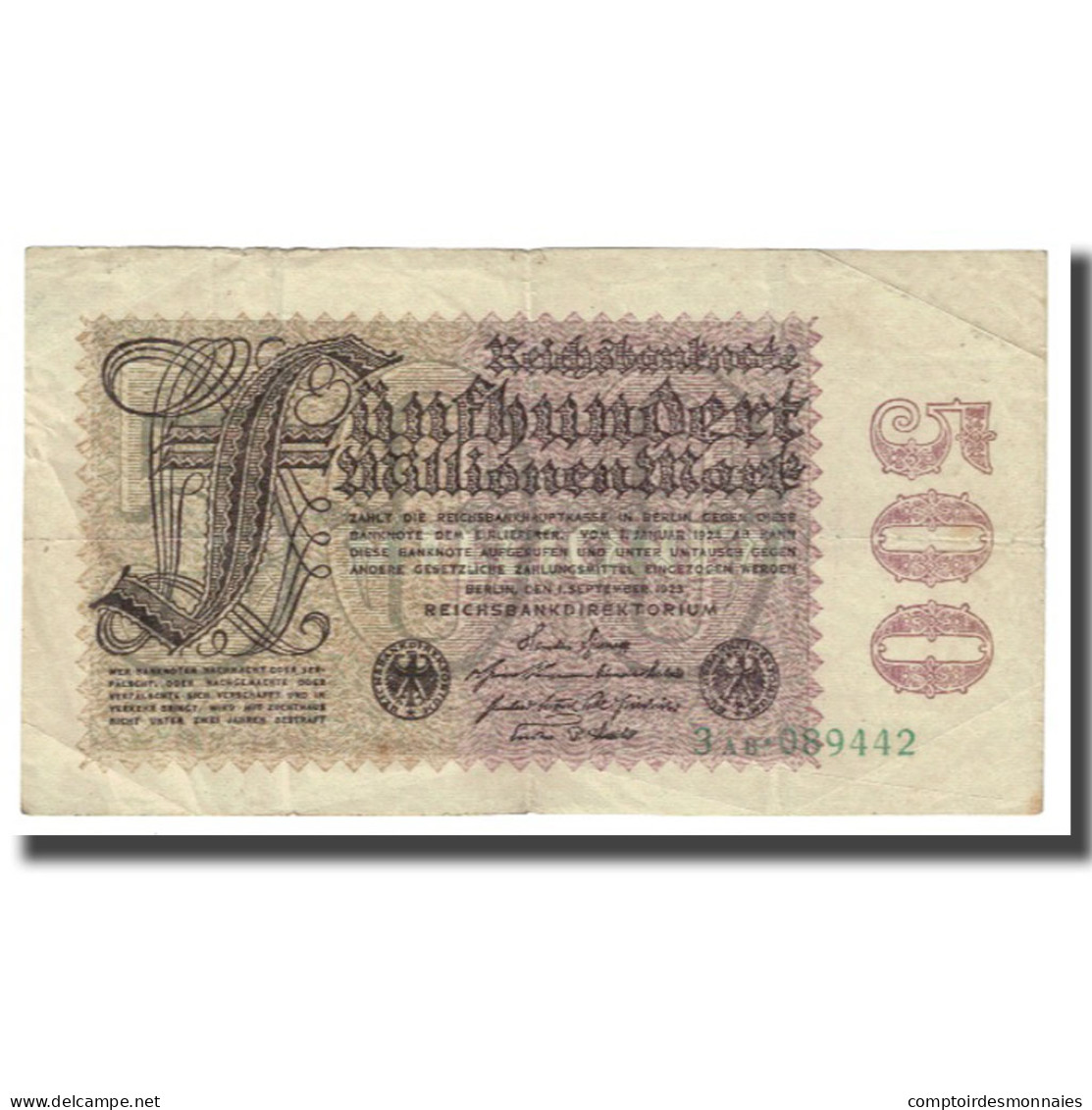 Billet, Allemagne, 500 Millionen Mark, 1923, 1923-09-01, KM:110a, TTB - 500 Mark