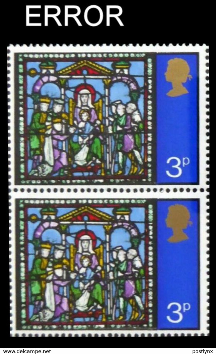 CV:€240.00 Great Britain 1971 Xmas Christmas Stainless Glass 3p PAIR ERROR:no Eboss No Phos. - Verres & Vitraux