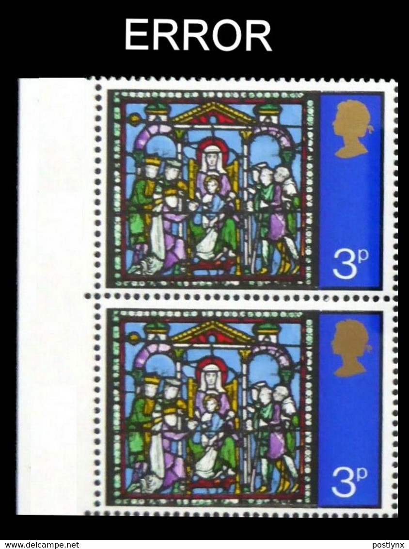 CV:€240.00 Great Britain 1971 Xmas Christmas Stainless Glass 3p MARG.PAIR ERROR:no Eboss No Phos. - Variétés, Erreurs & Curiosités