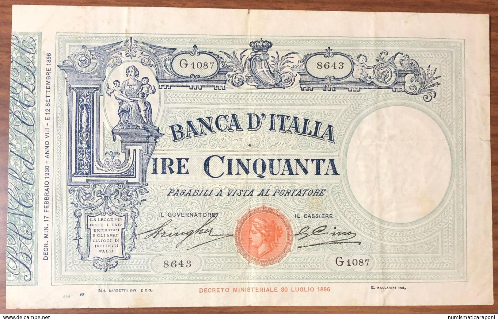 50 Lire Matrice Fascio 17 02 1930 Q.bb Naturale Forellino Centrale Ma Bella Carta  LOTTO 1761 - 50 Liras