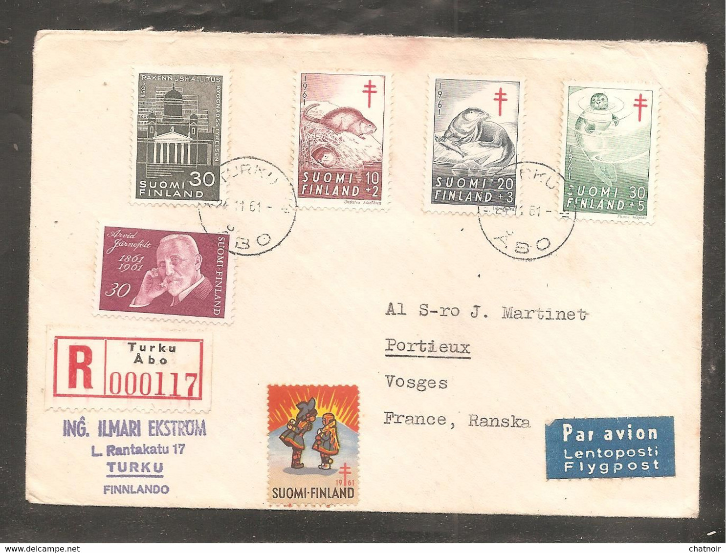 Enveloppe   Recom    Oblit  TURKU   ABO    Par Avion  1961    / Timbres Animaux - Esperánto