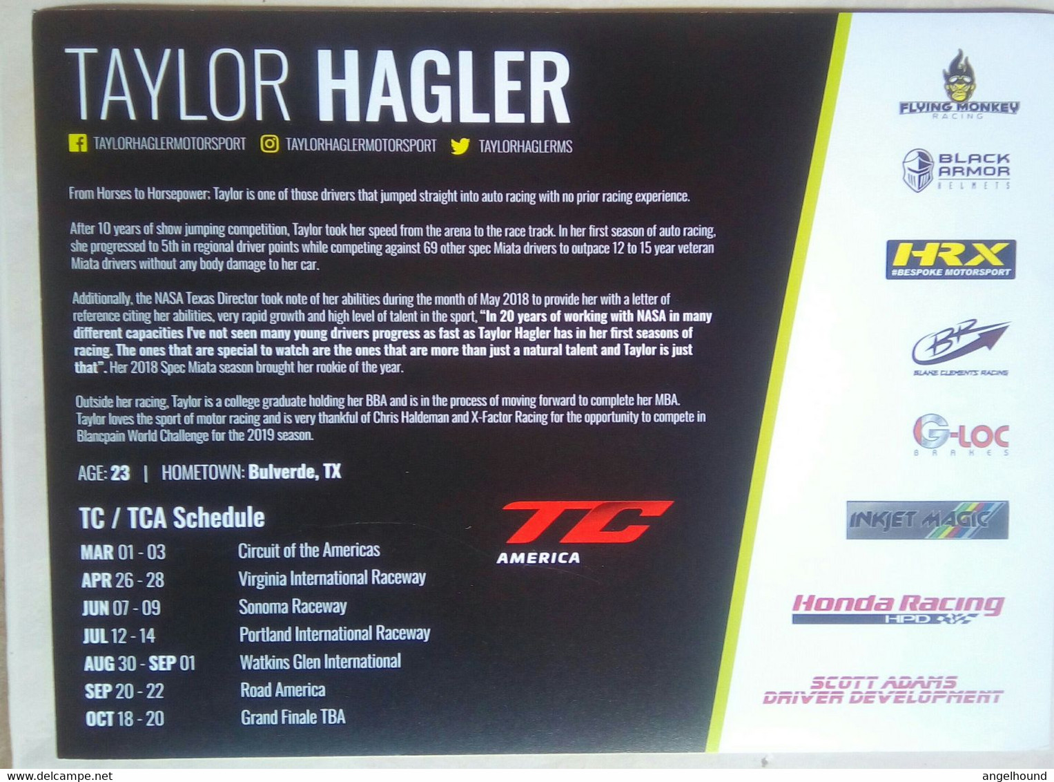 Taylor Hagler ( American Race Car Driver) - Authographs