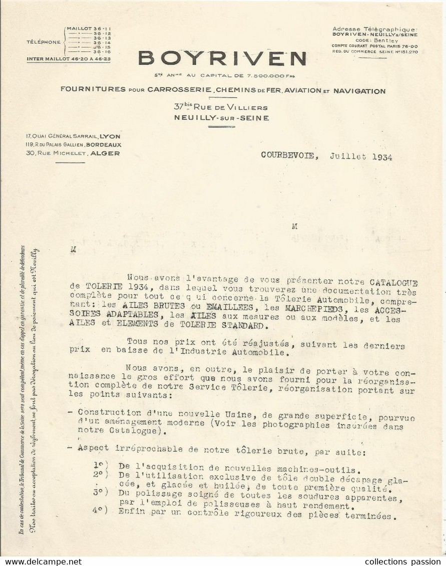 Courrier Commercial , En Tête De Facture , BOYRIVEN ,Neuilly Sur Seine , 2 Pages , 1934 , 2 Scans ,  Frais Fr 1.85 E - 1900 – 1949