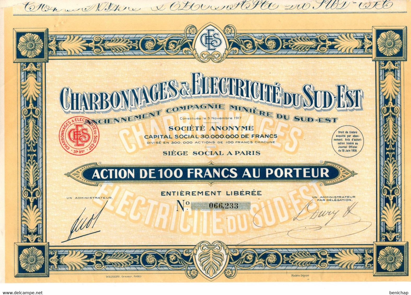 Action De 100 Frcs Au Porteur - Charbonnages & Electricité Du Sud-Est - Cie Minière Du Sud-Est - Paris 1917. - Electricité & Gaz