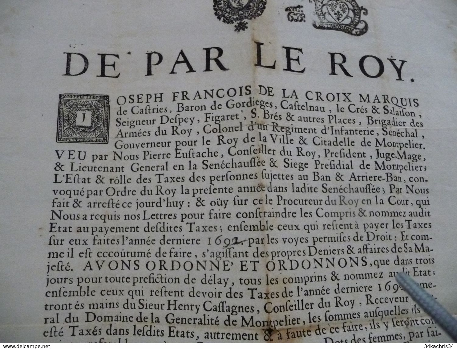 Affiche Placard 32 X 42 Avec Notes Manuscrites Et Autographes 1693 François DE La Croix Montpellier Impôts En L'état - Posters