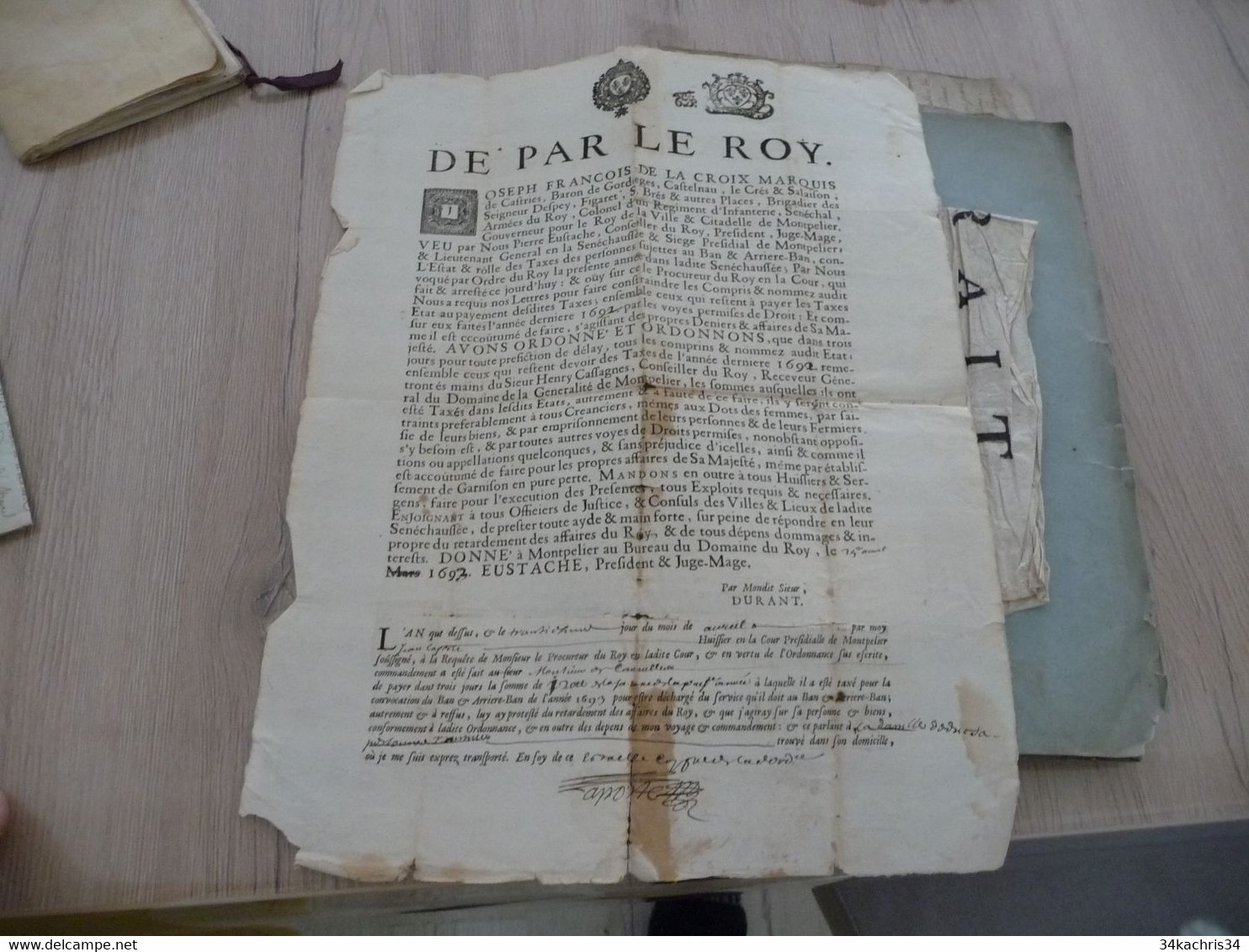 Affiche Placard 32 X 42 Avec Notes Manuscrites Et Autographes 1693 François DE La Croix Montpellier Impôts En L'état - Afiches