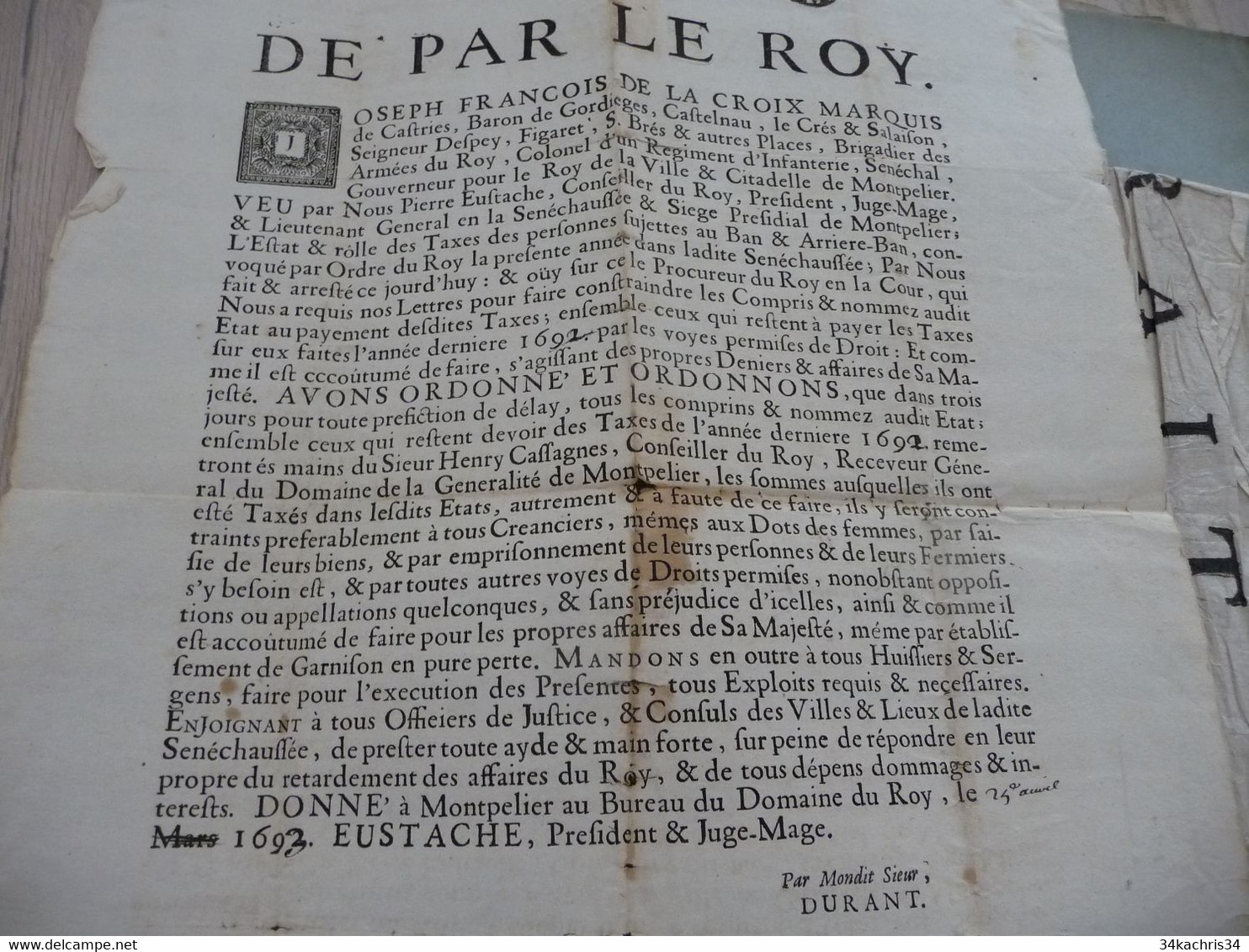 Affiche Placard 32 X 42 Avec Notes Manuscrites Et Autographes 1693 François DE La Croix Montpellier Impôts En L'état - Posters