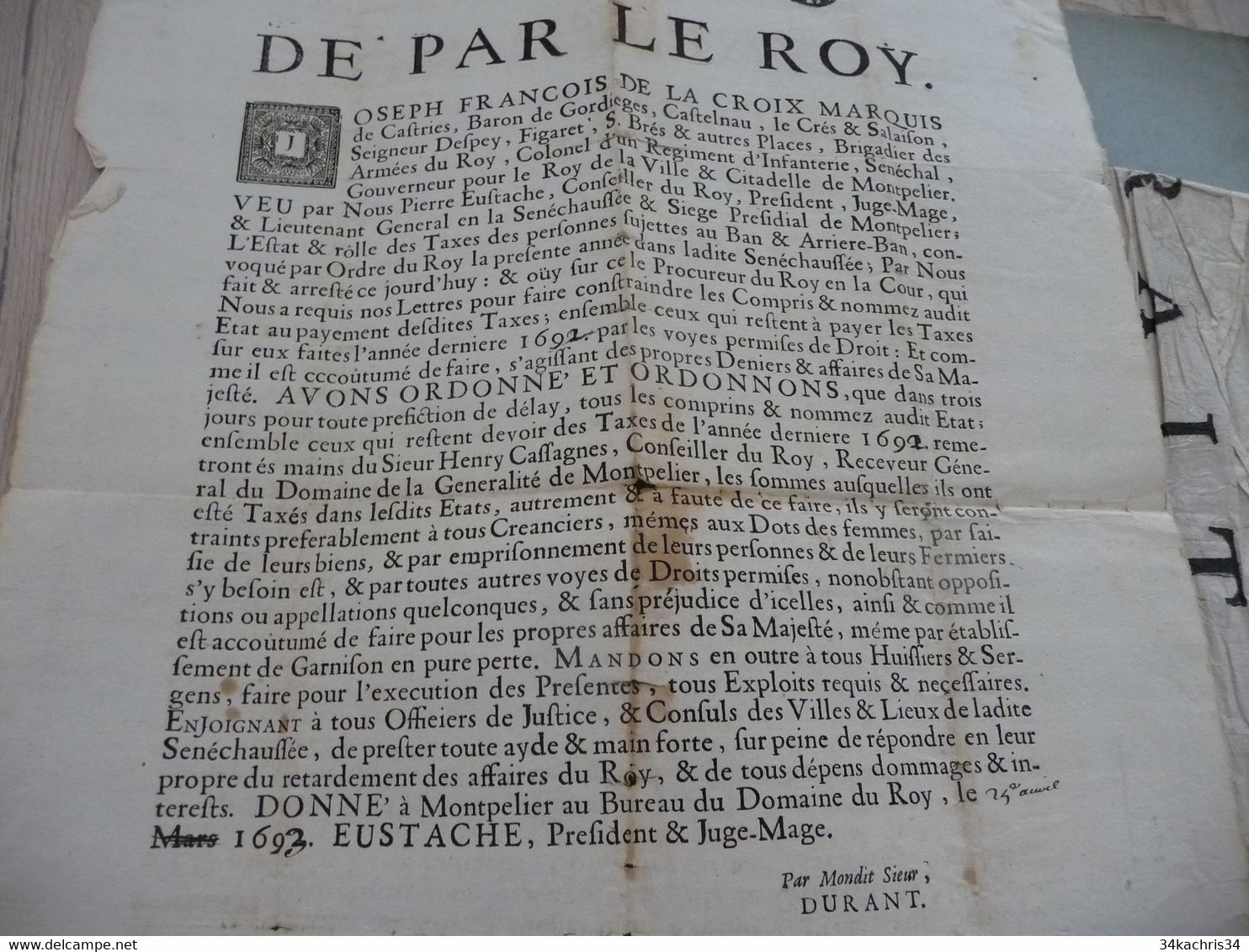 Affiche Placard 32 X 42 Avec Notes Manuscrites Et Autographes 1693 François DE La Croix Montpellier Impôts En L'état - Afiches