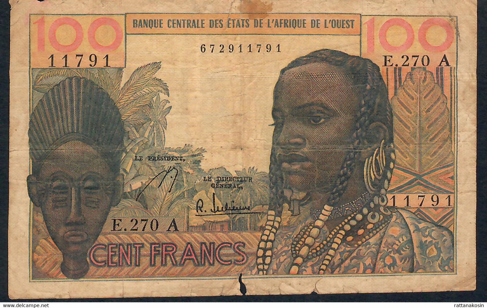 W.A.S. IVORY COAST P101Af 100 FRANCS 1965 Signature 4       VG - Costa De Marfil