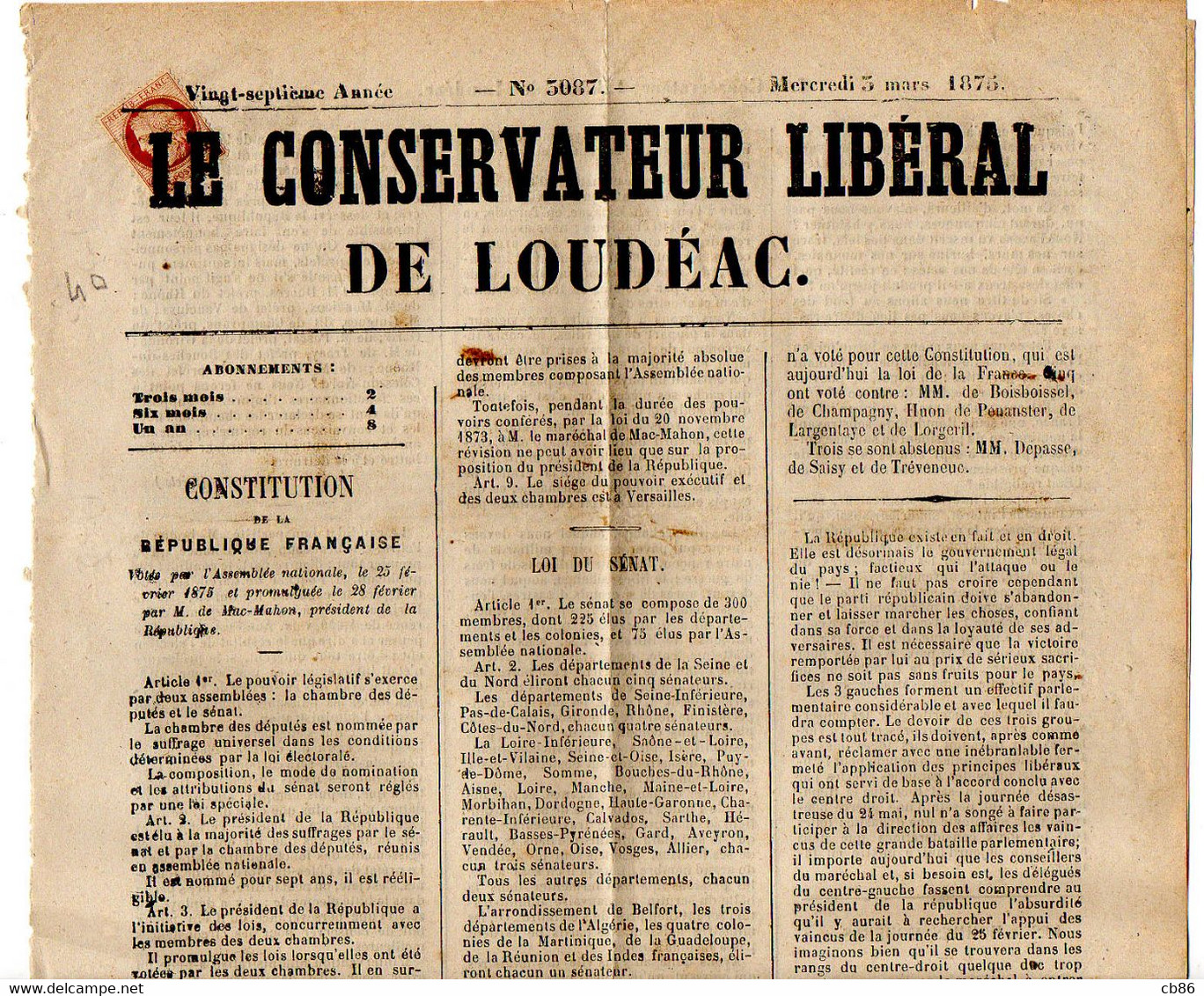 France Côtes Du Nord Loudéac N° 51  Annulation Typographique Sur Journal Du 3 Mars 1875 - 1849-1876: Classic Period