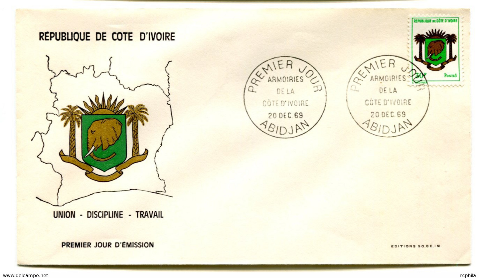 RC 19096 COTE D'IVOIRE N° 291 ARMOIRIES 1969 FDC 1er JOUR - TB - Costa D'Avorio (1960-...)