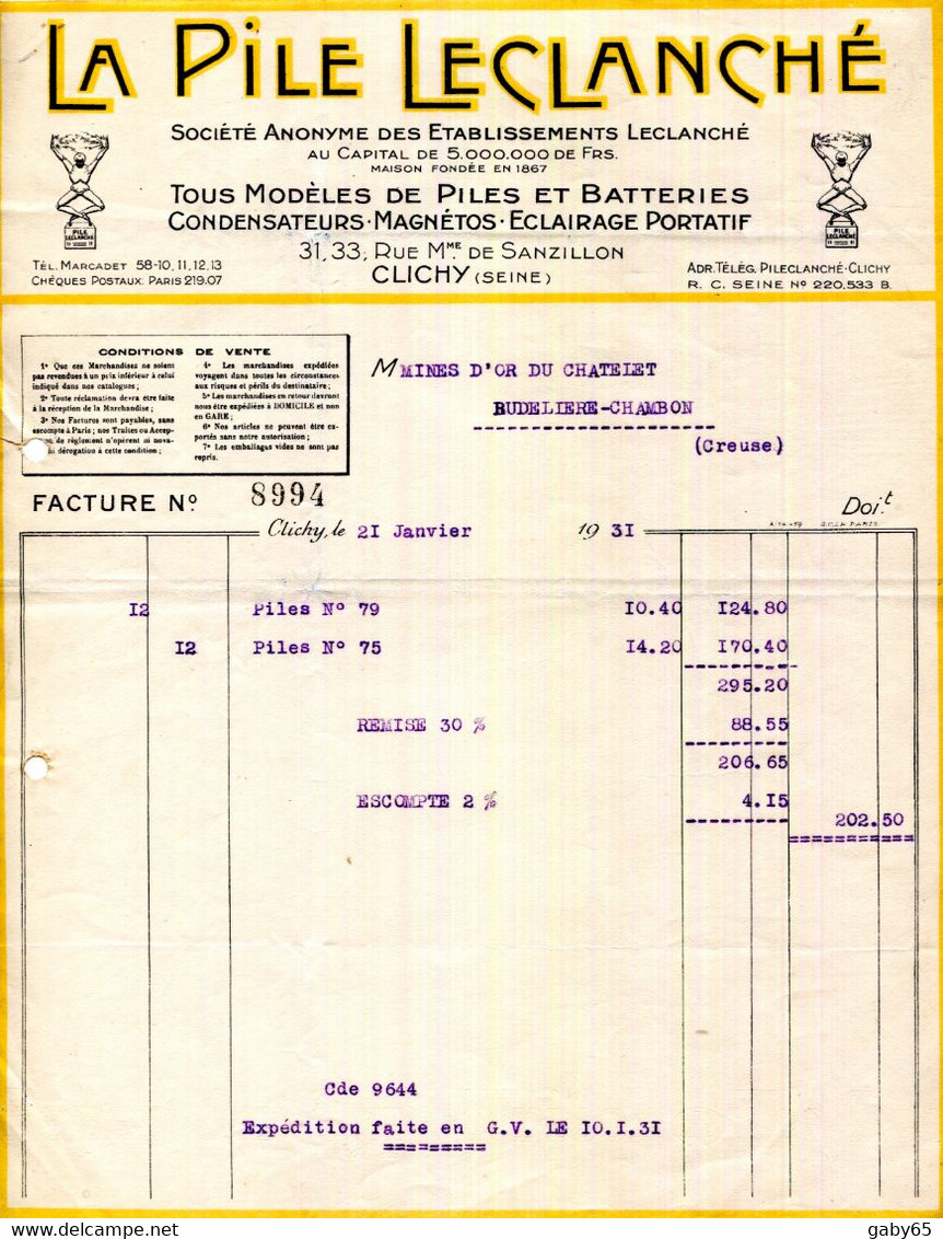 92.CLICHY.TOUS MODELES DE PILES & BATTERIES " LA PILE LECLANCHE " 31,33 RUE Mme. DE SANZILLON. - Elektrizität & Gas