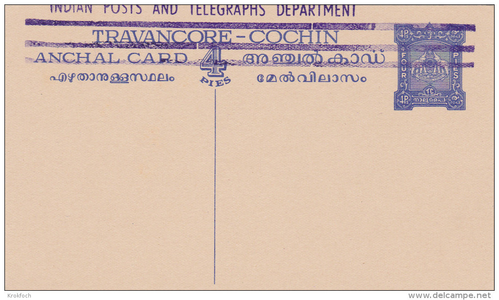 Travancore-Cochin - Stationery Anchal Card - Entier Ganzsache - éléphant Elefant - Travancore-Cochin