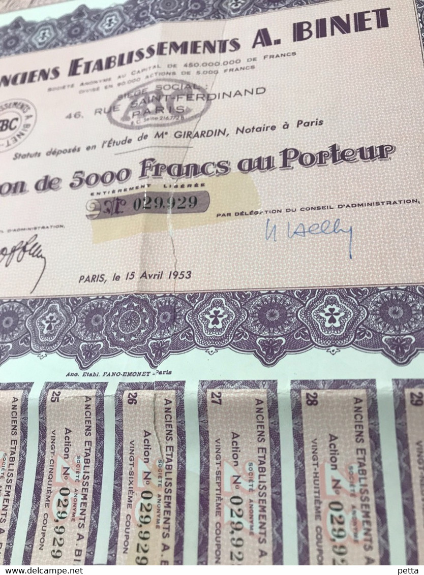 Action De 5000 Francs / Paris / Anciens Établissements A.Binet / 1953 - Aviación