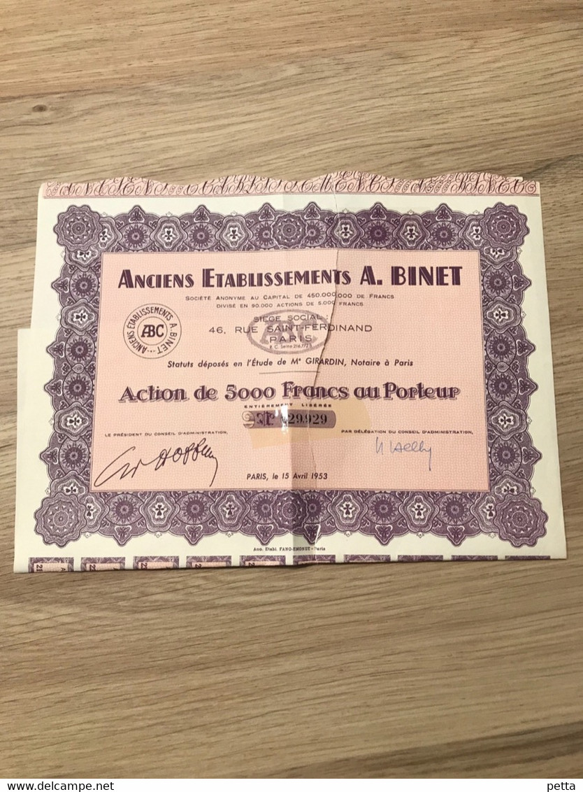 Action De 5000 Francs / Paris / Anciens Établissements A.Binet / 1953 - Aviation