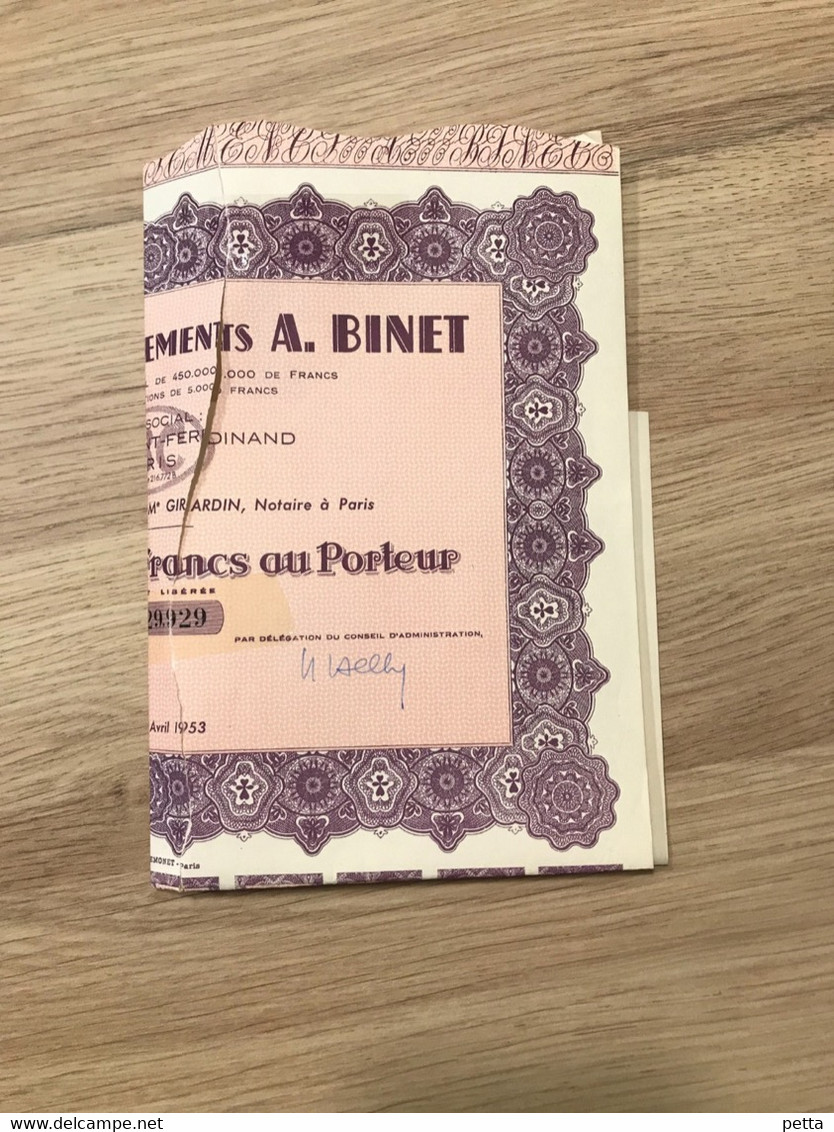 Action De 5000 Francs / Paris / Anciens Établissements A.Binet / 1953 - Fliegerei