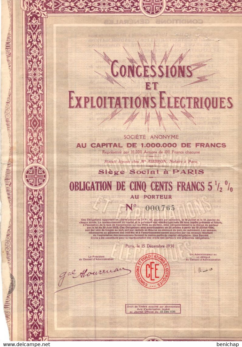 Obligation De 500 Frcs Au Porteur - Concessions Et Exploitations Electriques - Paris 1930. - Electricité & Gaz