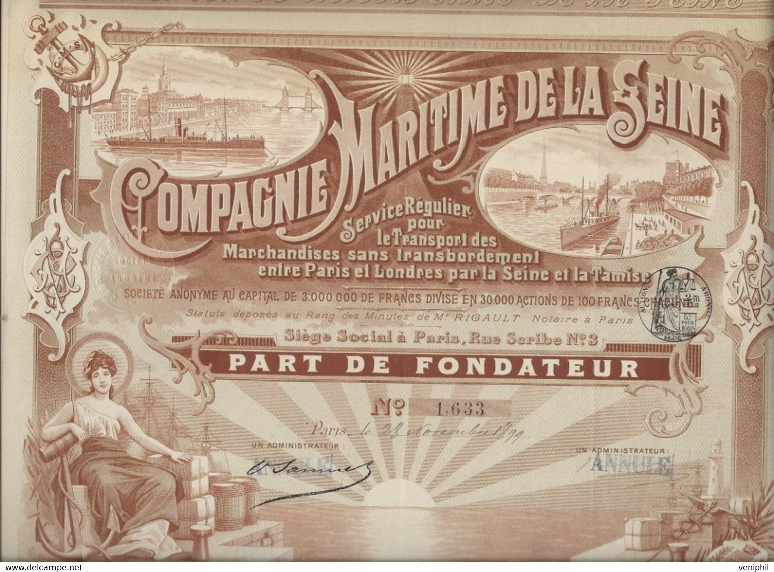 COMPAGNIE MARITIME DE LA SEINE - PART DE FONDATEUR - TRES BELLE ILLUSTRATION- ANNEE 1899 - Navegación