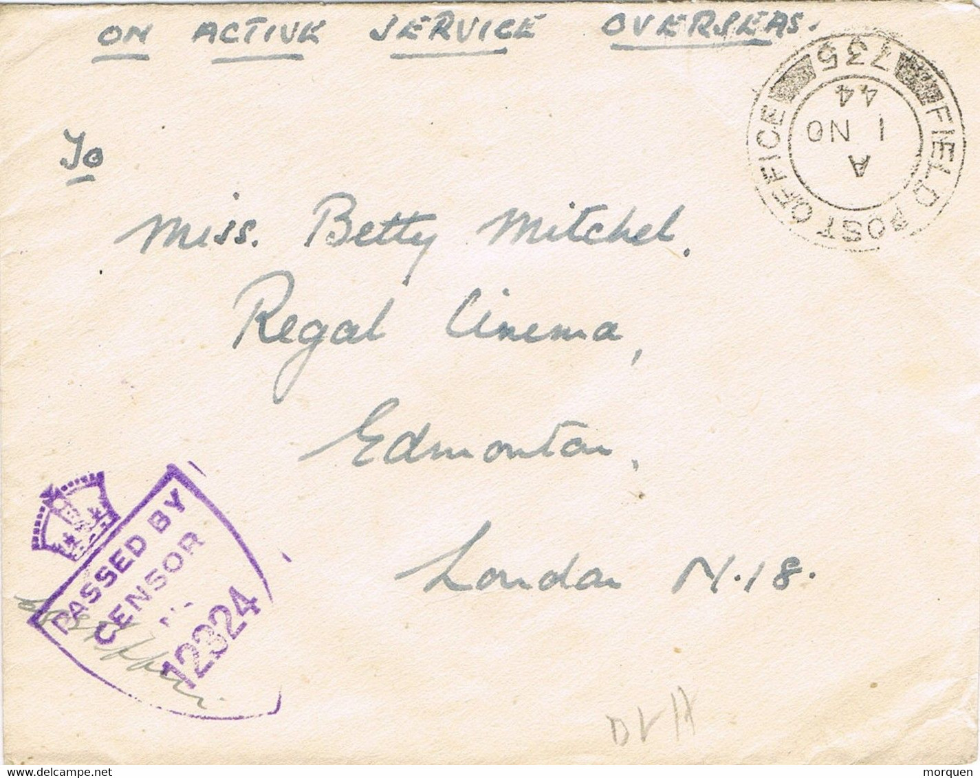 38373. Carta Field Post Office  Num 735 To London. CENSOR, Censura Service Overseas - Sin Clasificación