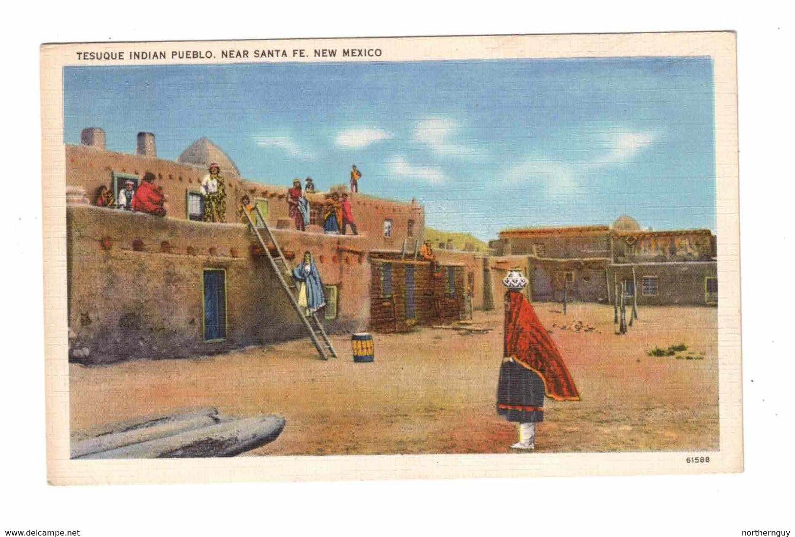 SANTA FE, New Mexico, USA, TESUQUE Indian Pueblo, 193? Linen Postcard - Santa Fe