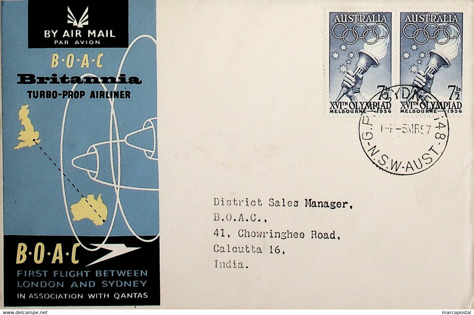 1957 Austrália 1st BOAC Flight London - Sydney (Link Between Sydney And Calcutta - Return) - Premiers Vols