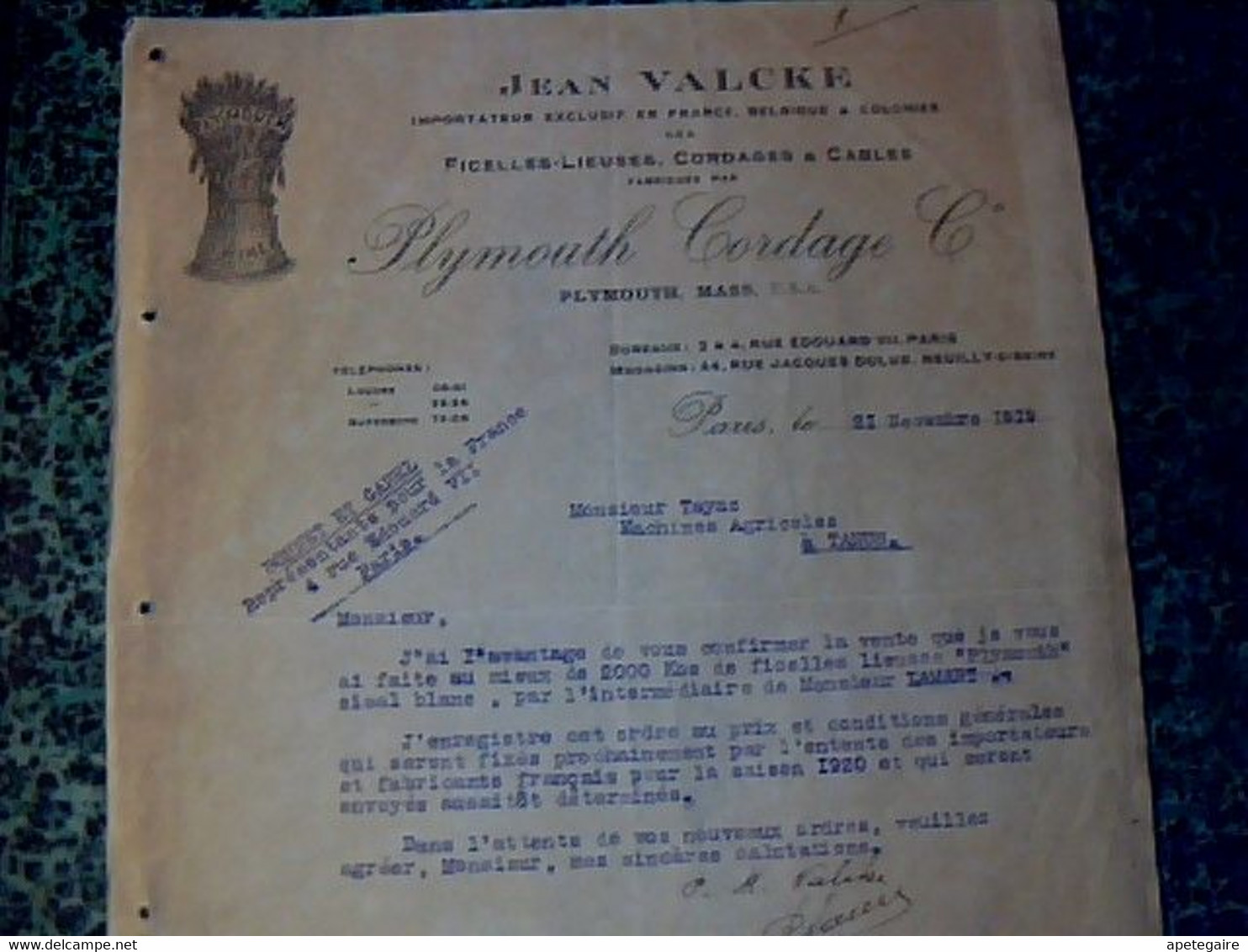 Facture États-Unis Plymouth-Maas   Jean Valcke Usine De Ficelle De Lieuse Cordages & Câbles - USA