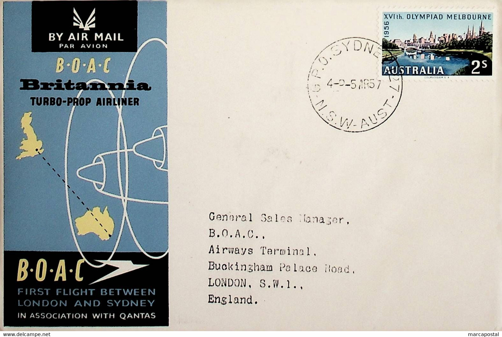 1957 Austrália 1st BOAC Flight London - Sydney (Link Between Sydney And London - Return) - Erst- U. Sonderflugbriefe