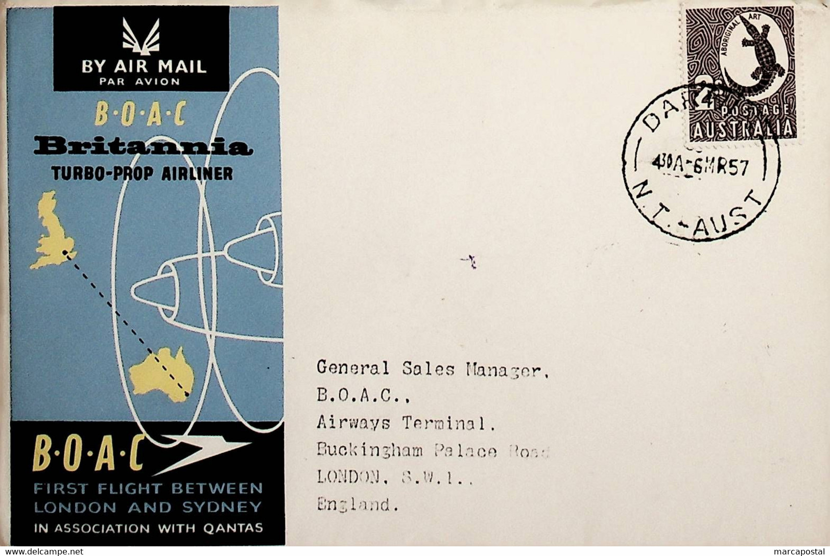 1957 Austrália 1st BOAC Flight London - Sydney (Link Between Darwin And London - Return) - Erst- U. Sonderflugbriefe