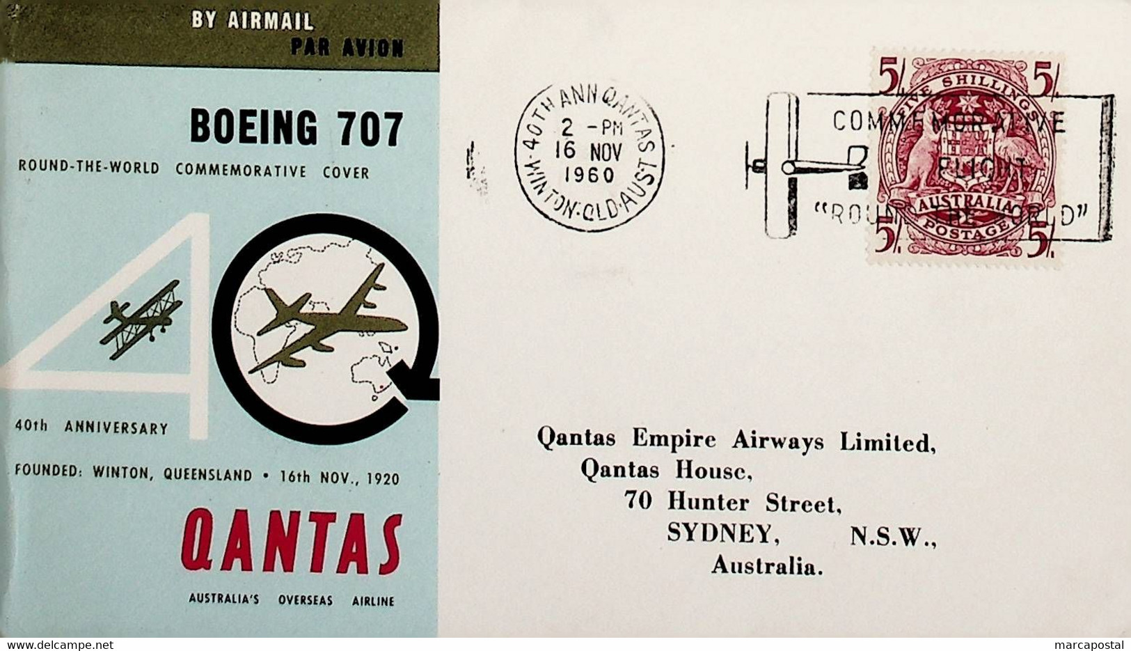 1960 Austrália 4oth Anniversary Of Quantas Airlines. Round-the-World Commemorative Flight - Eerste Vluchten