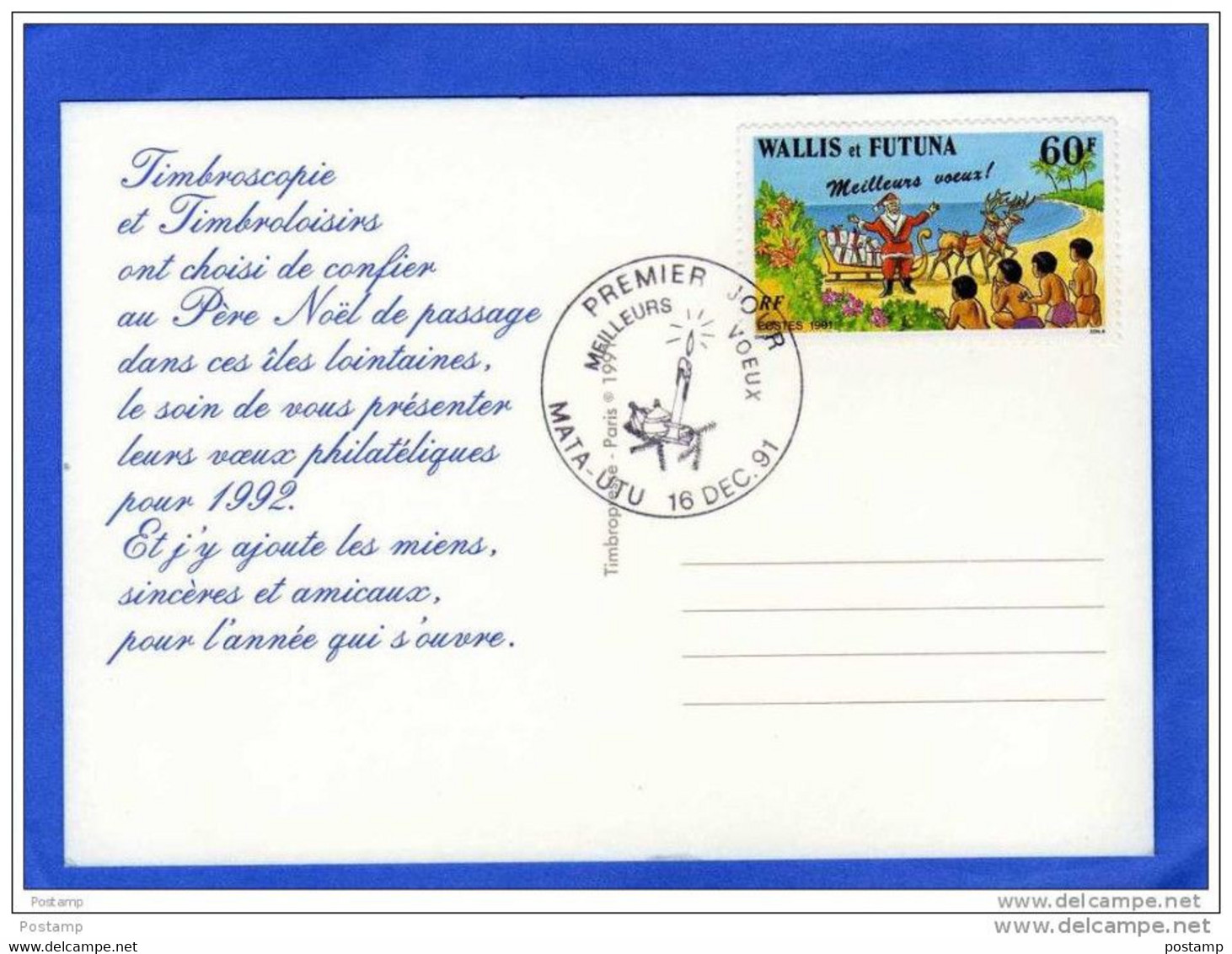 CARTE POSTALE -illustrée  Timbres Poste- Oblit Meilleurs Voeux De Wallis Cad Mata Utu 1991-offerte Par Timbroscopie - Covers & Documents