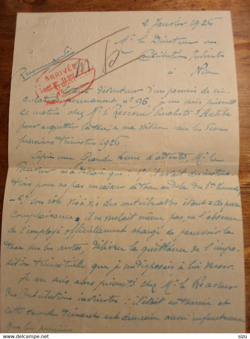 Lettre manuscrite de 1926 par le Baron d'Aubas de Gratiollet